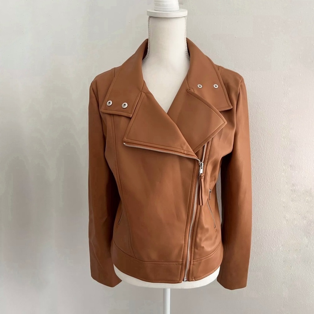Susana Monaco Faux Leather Biker jacket in Camel Brown | Women’s Size Samll